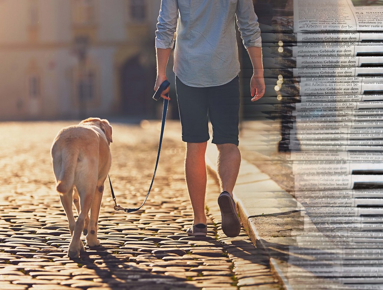 Morning in the city. Young man walking with his dog on the old street at golden sunrise. Prague, Czech Republic