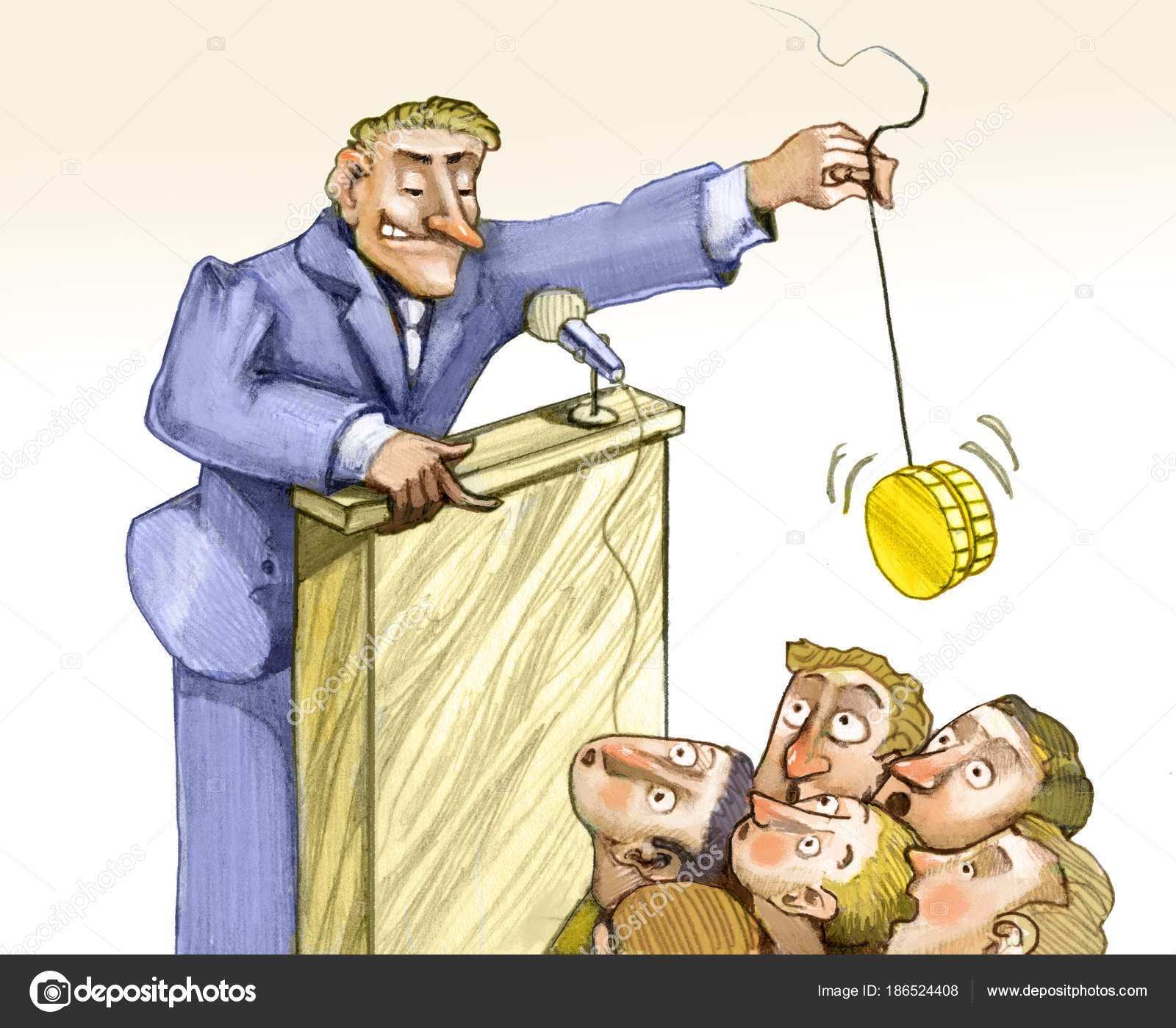 politician enchants voters from the stage with a jojo coin